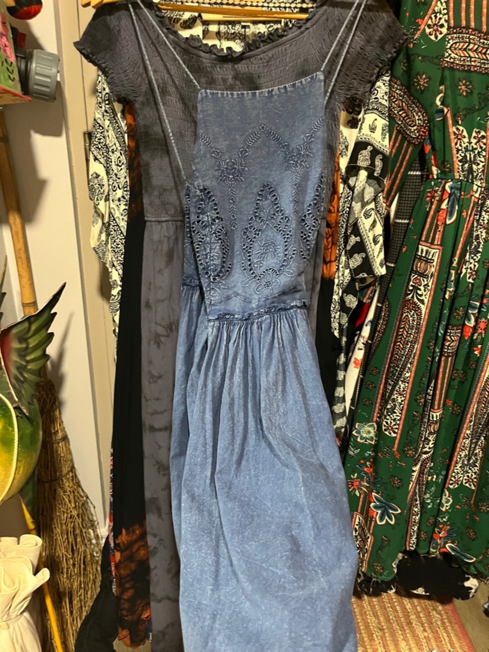 Lucky Brand Blue Denim Chambray Lace Bib Midi Dress Size M